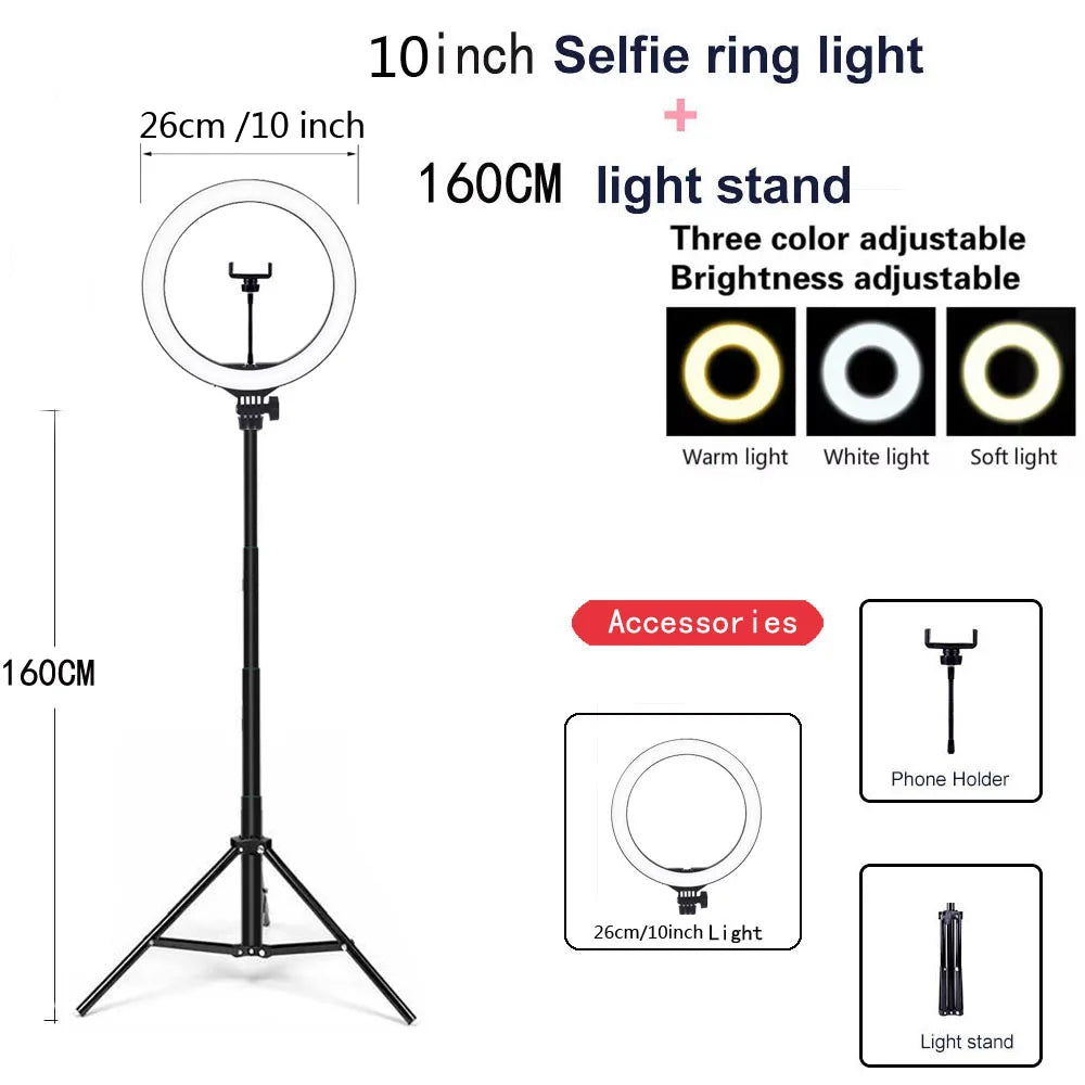 LED Ring Light with Tripod Stand – 26/33cm Dimmable Selfie & YouTube Light