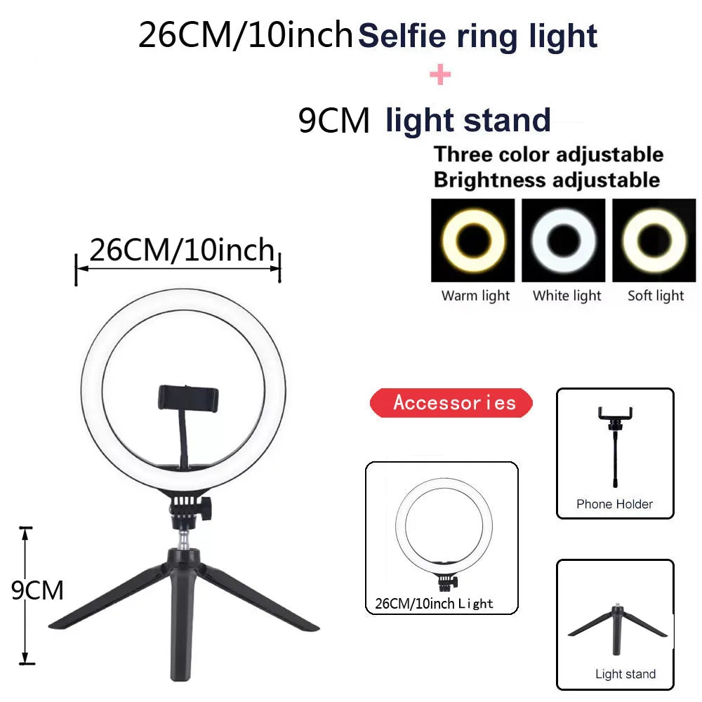 LED Ring Light with Tripod Stand – 26/33cm Dimmable Selfie & YouTube Light