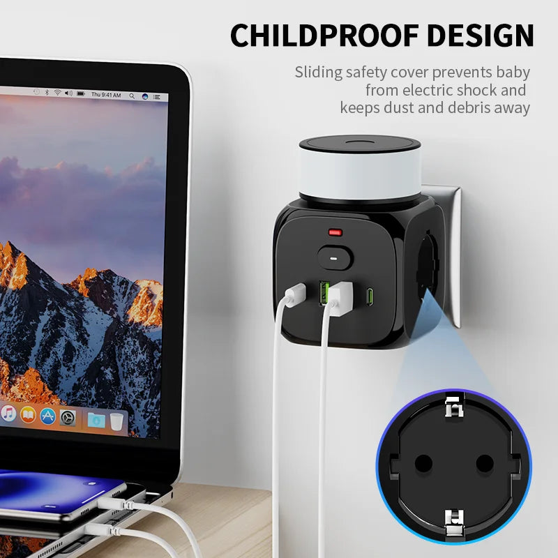 7-in-1 Power Strip with USB-C, USB & Night Light – EU Plug Wall Socket