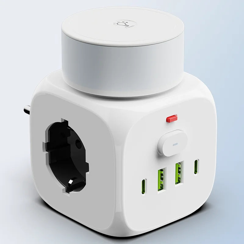 7-in-1 Power Strip with USB-C, USB & Night Light – EU Plug Wall Socket