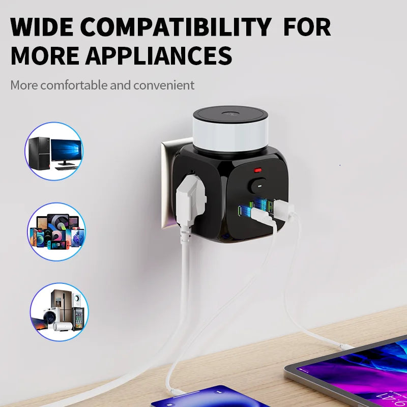 7-in-1 Power Strip with USB-C, USB & Night Light – EU Plug Wall Socket