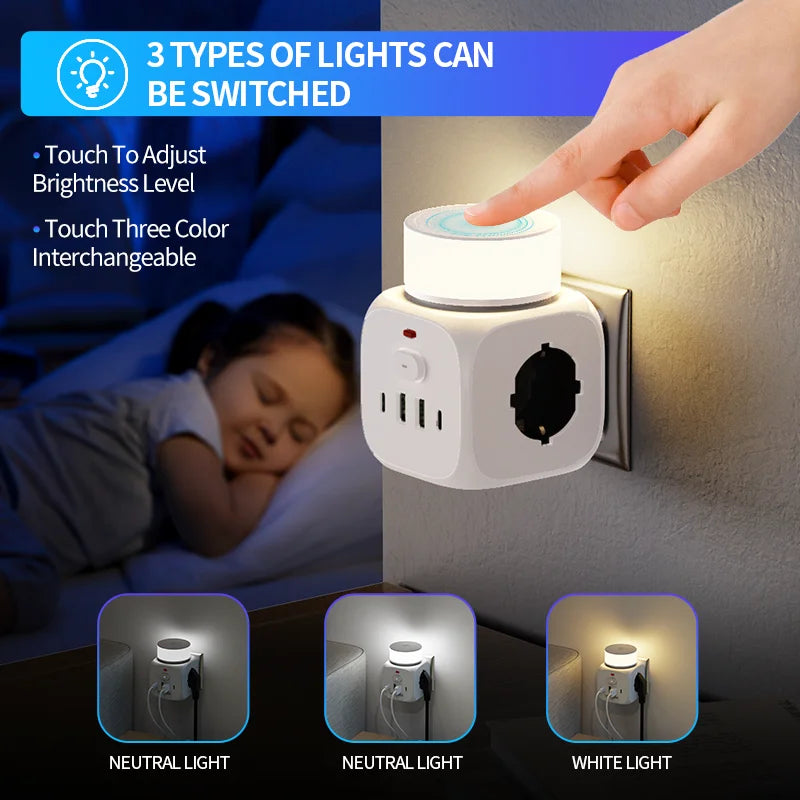7-in-1 Power Strip with USB-C, USB & Night Light – EU Plug Wall Socket