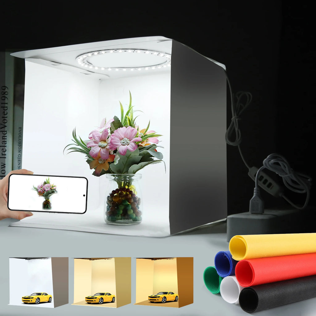 Mini Photo Studio Light Box Kit – 23cm Ring LED with 6 Backdrop Colors