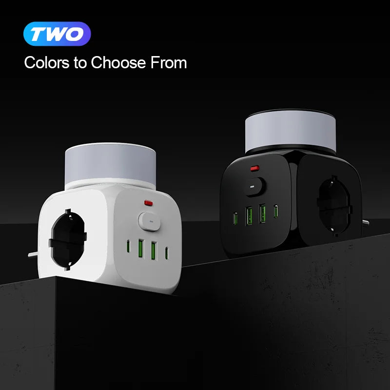 7-in-1 Power Strip with USB-C, USB & Night Light – EU Plug Wall Socket