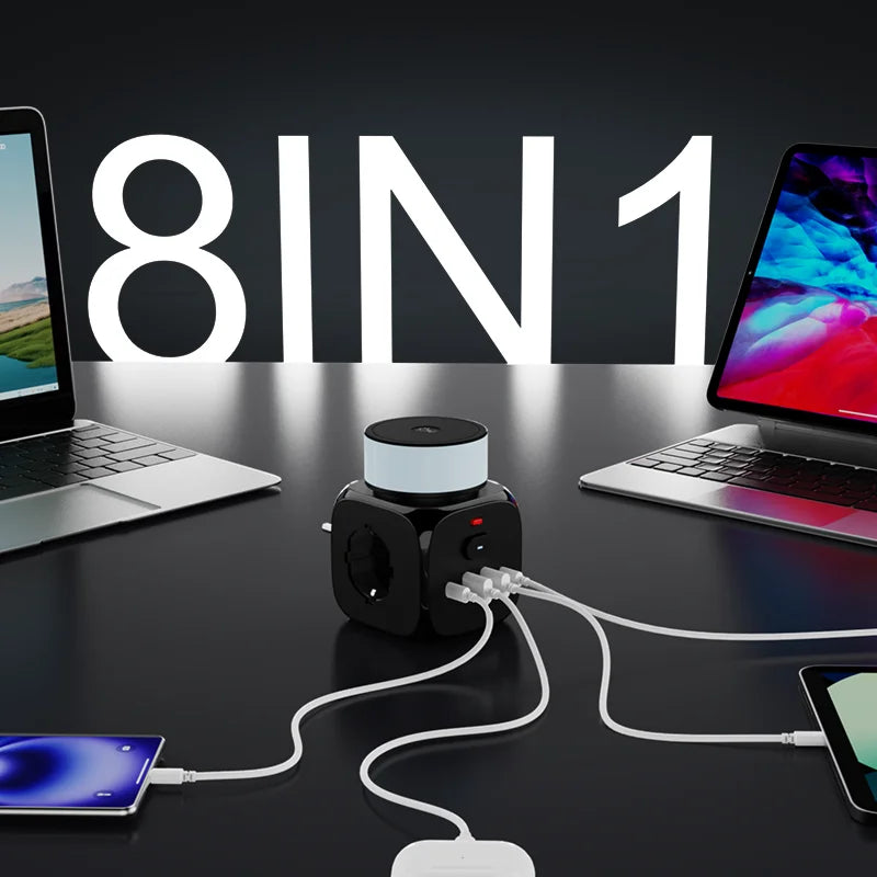 7-in-1 Power Strip with USB-C, USB & Night Light – EU Plug Wall Socket