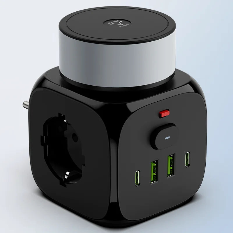 7-in-1 Power Strip with USB-C, USB & Night Light – EU Plug Wall Socket