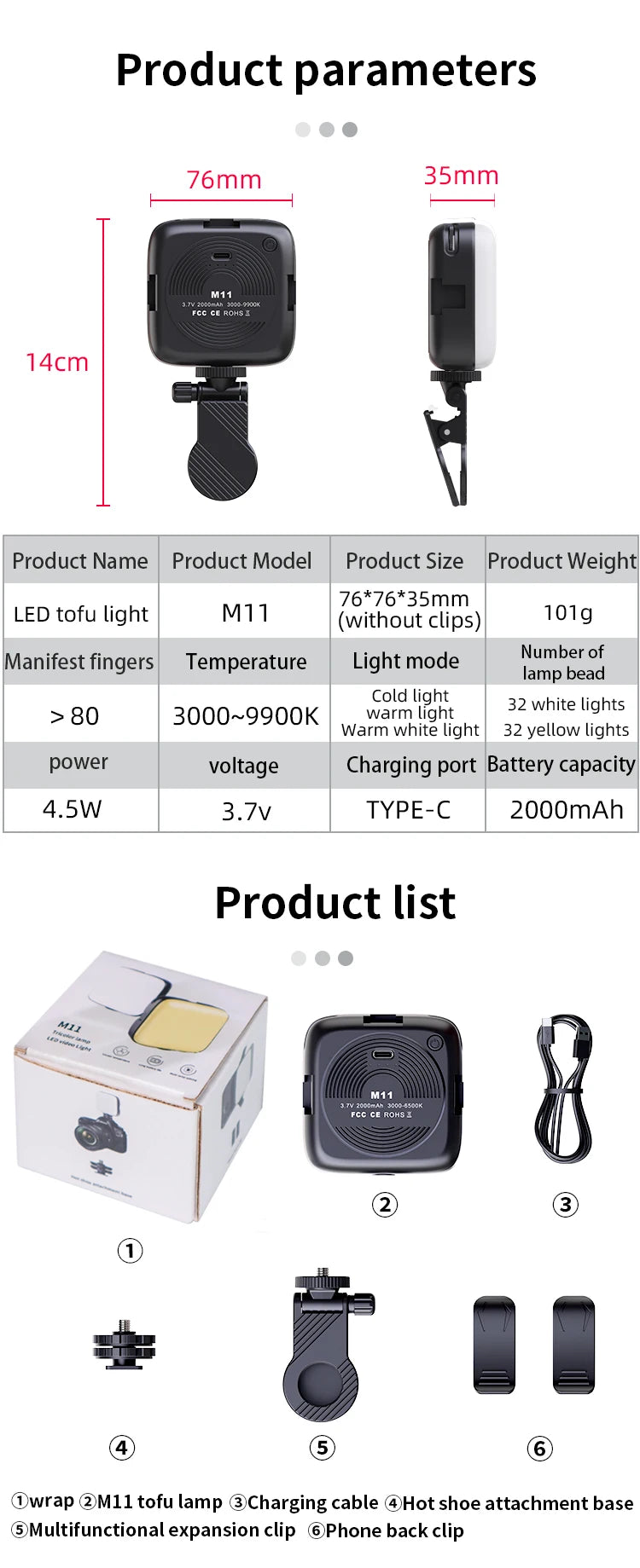 Portable Clip-On LED Video Light – 3000-9900K Fill Light for Phone & Camera