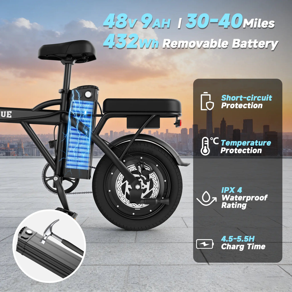 【VOLTVOGUE】 Electric Bike | 750W Peak Power | Top Speed 22 MPH | 14" Pneumatic Tires | 22–40 Mile Range | Dual Seat | Single Brake Lever | Height Adjustable Seat【Vt14】
