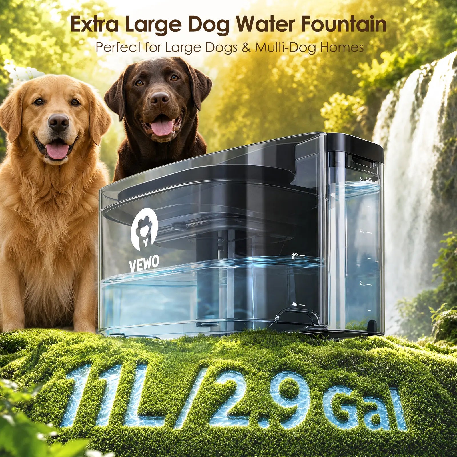 VEWO 11L Large Dog Water Fountain for Big Breeds, No Spill Dog Water Bowl Dispenser with Deep Basin, BPA Free, Ultra Quiet, 7 Days No Refill for Large Dogs/Multi-Pet Homes