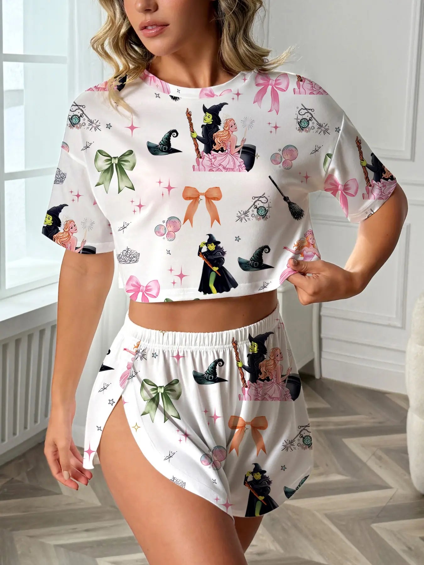 Women'S 2-Piece Sleepwear Set, Pajama Set, Pjs, Print, Bowknot Drink Pattern, Comfortable Loose Fit Top and Elastic Shorts, All-Season Casual Loungewear Homewear
