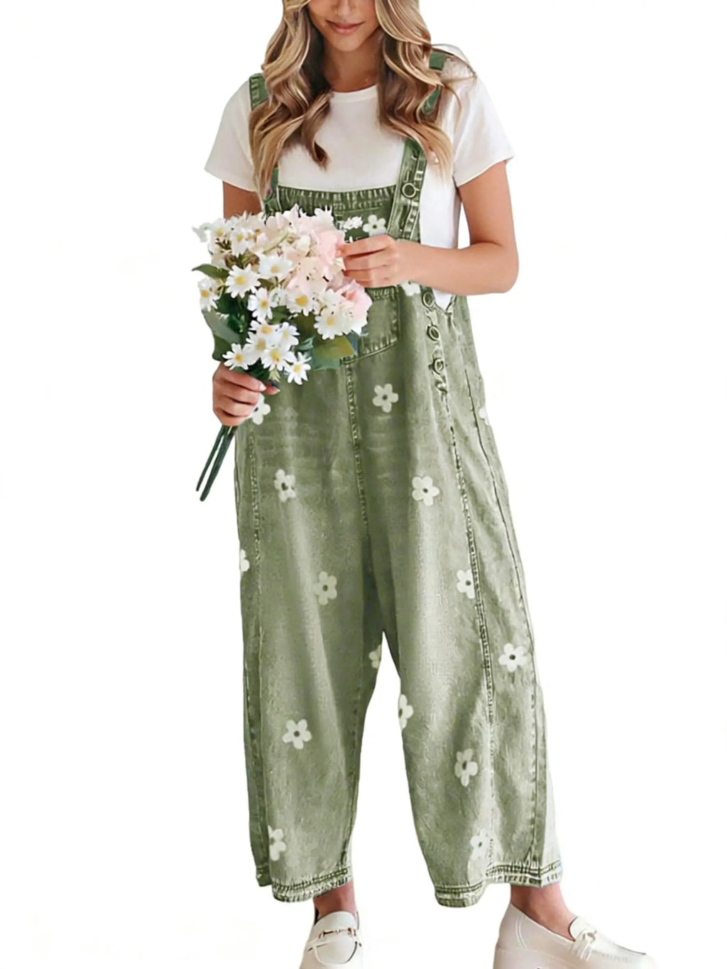 Utcoco Women'S Bib Overalls, Cute Floral Print Denim Jumpsuit with Baggy Wide Leg and Adjustable Straps, Fashion Apparel Chic Pants