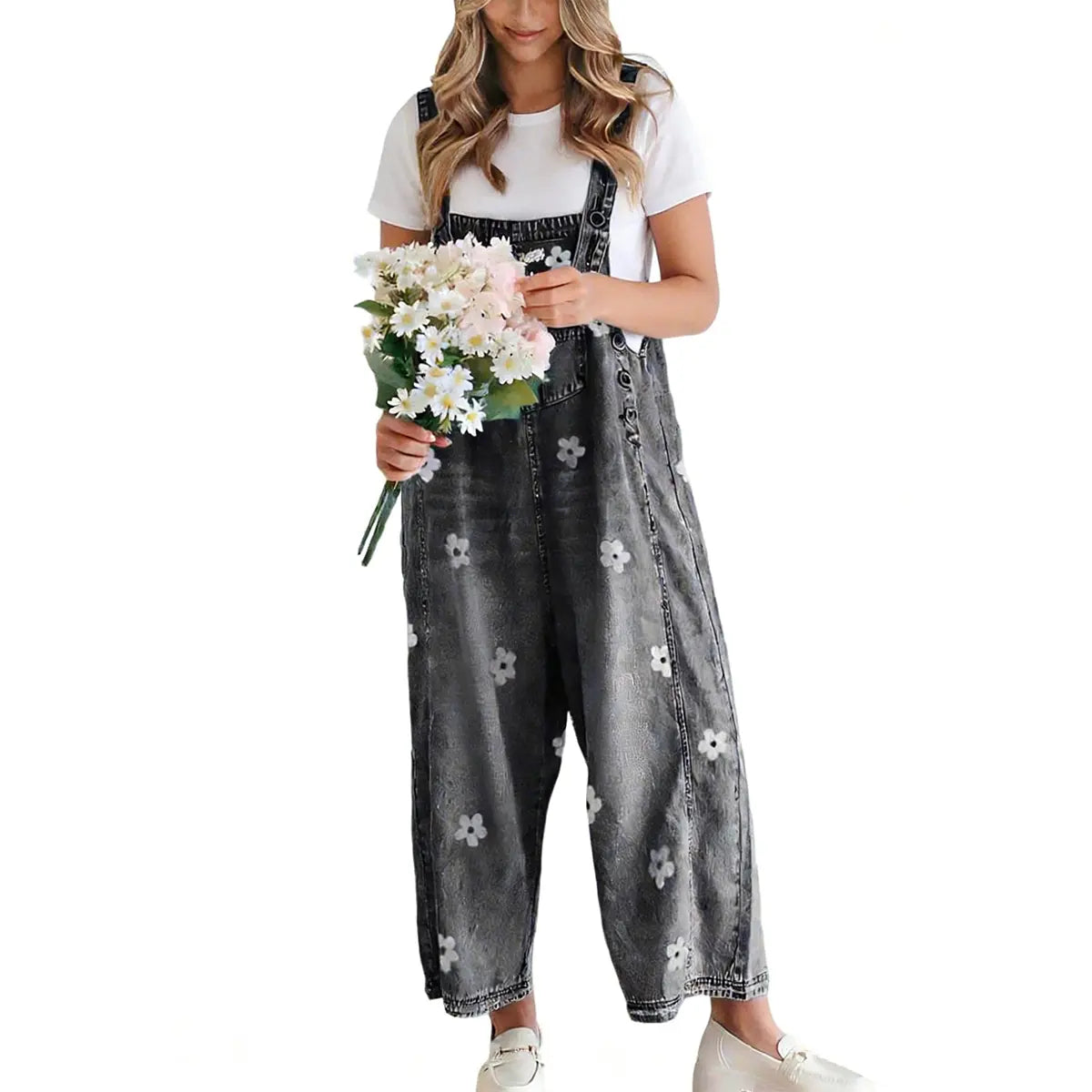 Utcoco Women'S Bib Overalls, Cute Floral Print Denim Jumpsuit with Baggy Wide Leg and Adjustable Straps, Fashion Apparel Chic Pants