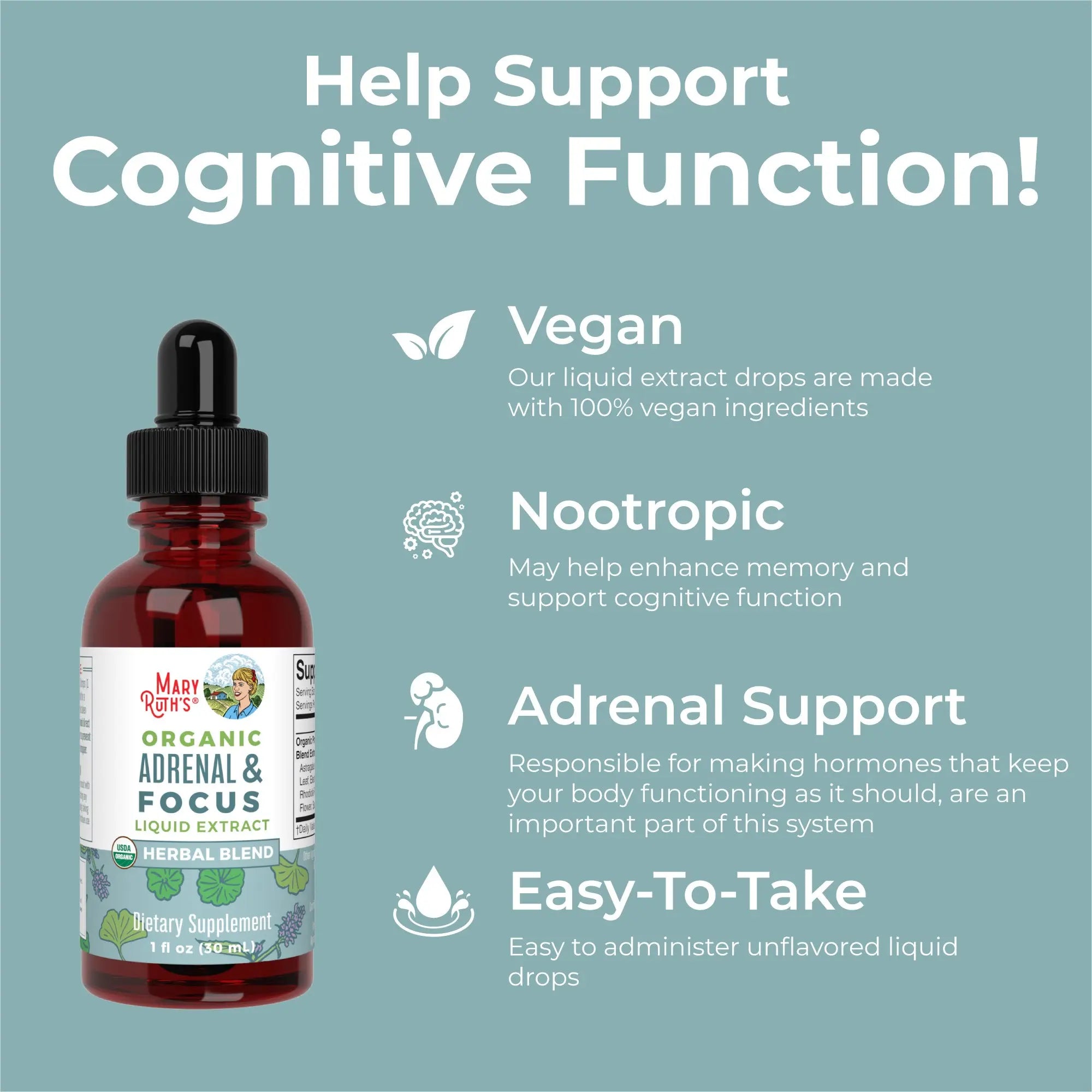Maryruth'S Adrenal & Focus Herbal Blend for Adults - Adaptogenic - with Ginkgo Biloba & Astragalus - USDA Organic - Vegan - Non-Gmo - 30 Servings
