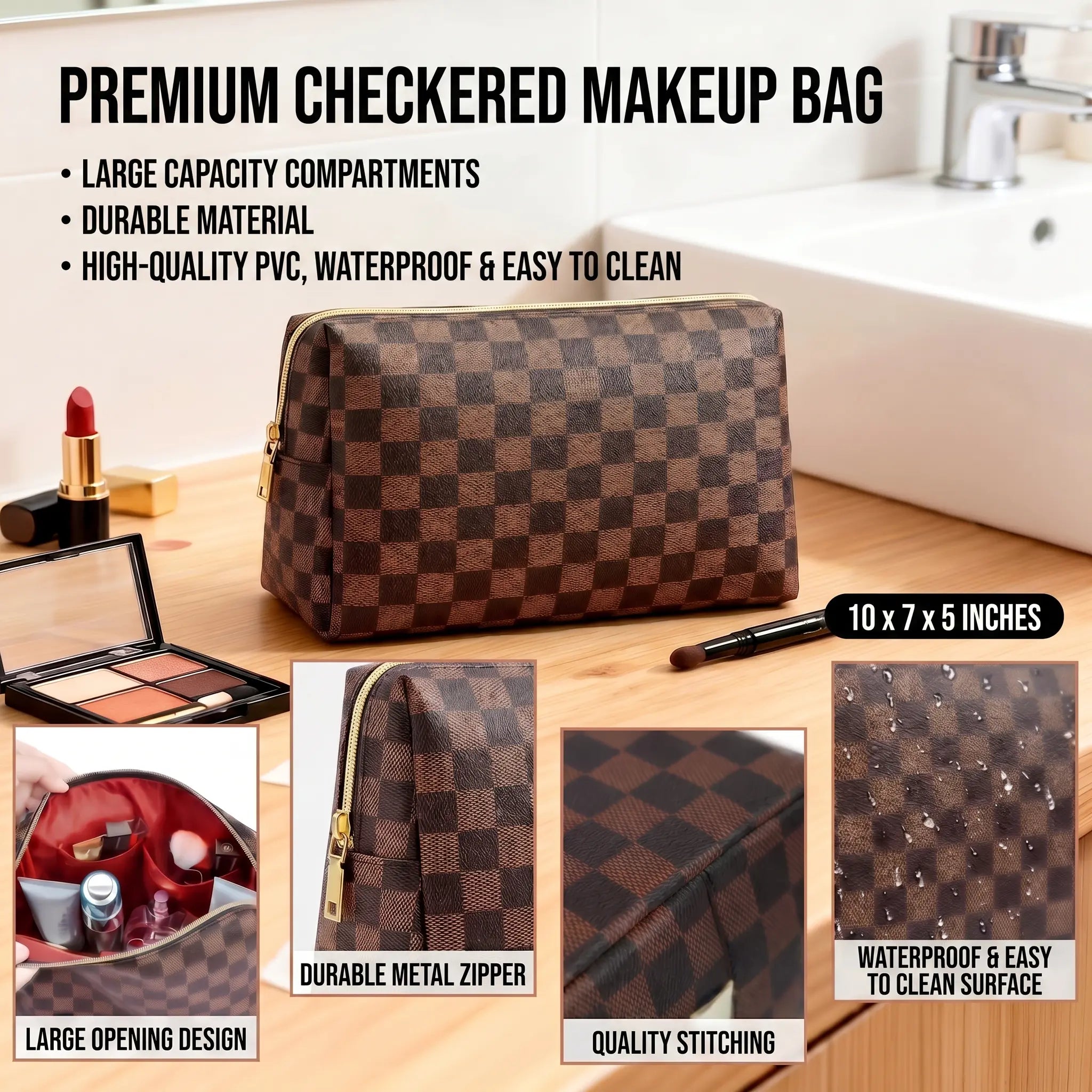 Women’S 2-Piece Classic Checkered Pattern Leather Makeup Bag Set - Portable Makeup Pouch (Small Pouch Style May Vary), Lipstick Organizer, Bathroom Countertop Storage, Ideal Gift Choice for Travel Toiletry & Home Use