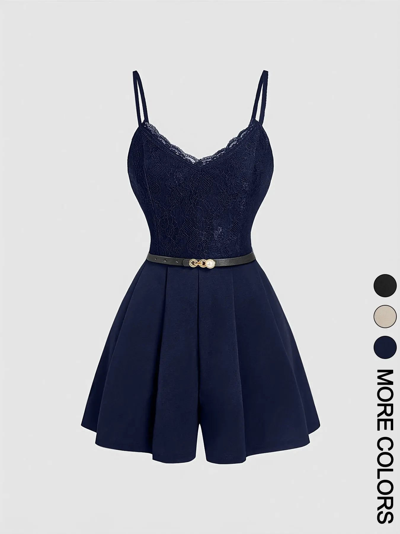 Women'S Spring Summer Elegant Lace-Spliced Cami Playsuit with Belt, V-Neck Sleeveless Fitted Jumpsuit for Casual Outings