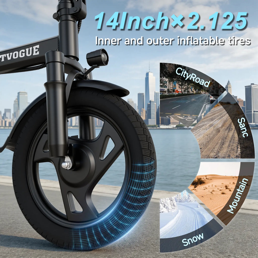 【VOLTVOGUE】 Electric Bike | 750W Peak Power | Top Speed 22 MPH | 14" Pneumatic Tires | 22–40 Mile Range | Dual Seat | Single Brake Lever | Height Adjustable Seat【Vt14】