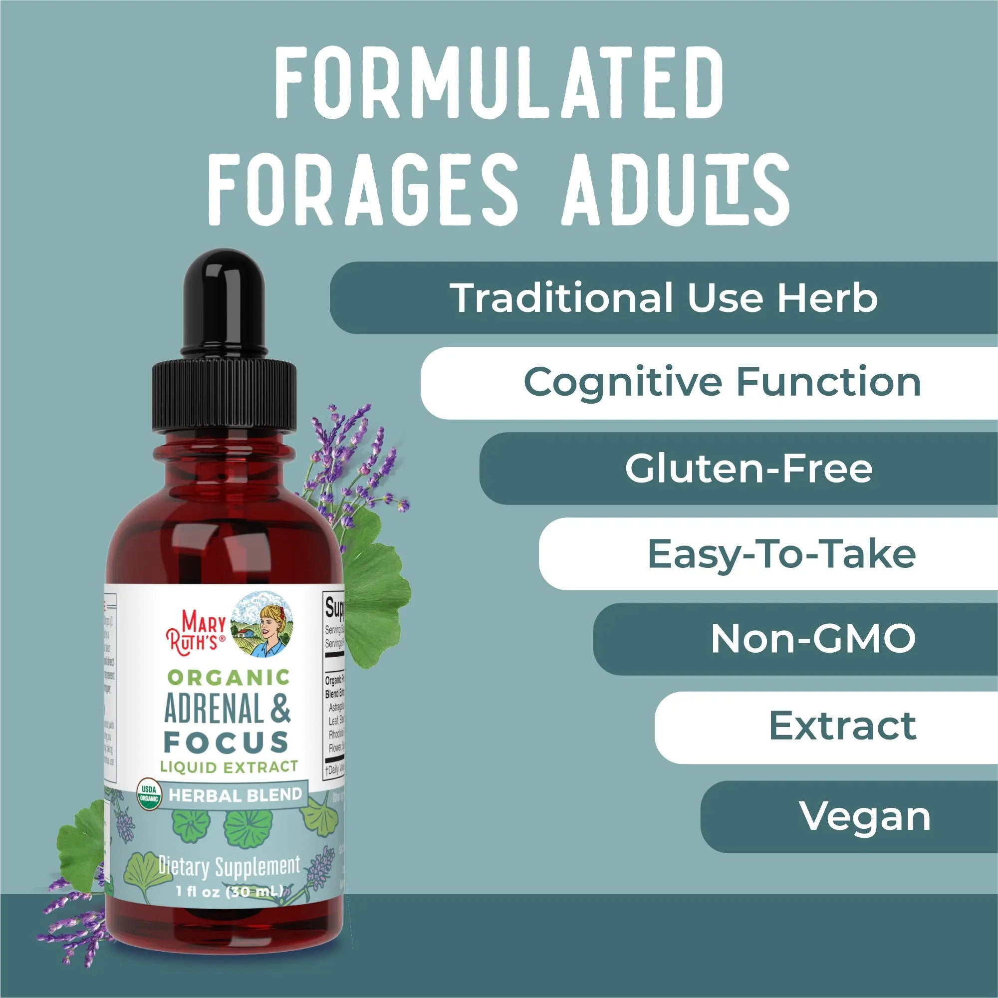 Maryruth'S Adrenal & Focus Herbal Blend for Adults - Adaptogenic - with Ginkgo Biloba & Astragalus - USDA Organic - Vegan - Non-Gmo - 30 Servings