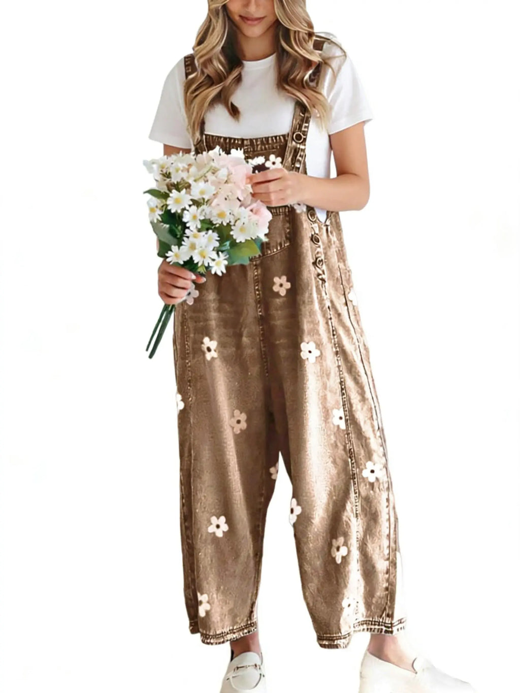 Utcoco Women'S Bib Overalls, Cute Floral Print Denim Jumpsuit with Baggy Wide Leg and Adjustable Straps, Fashion Apparel Chic Pants