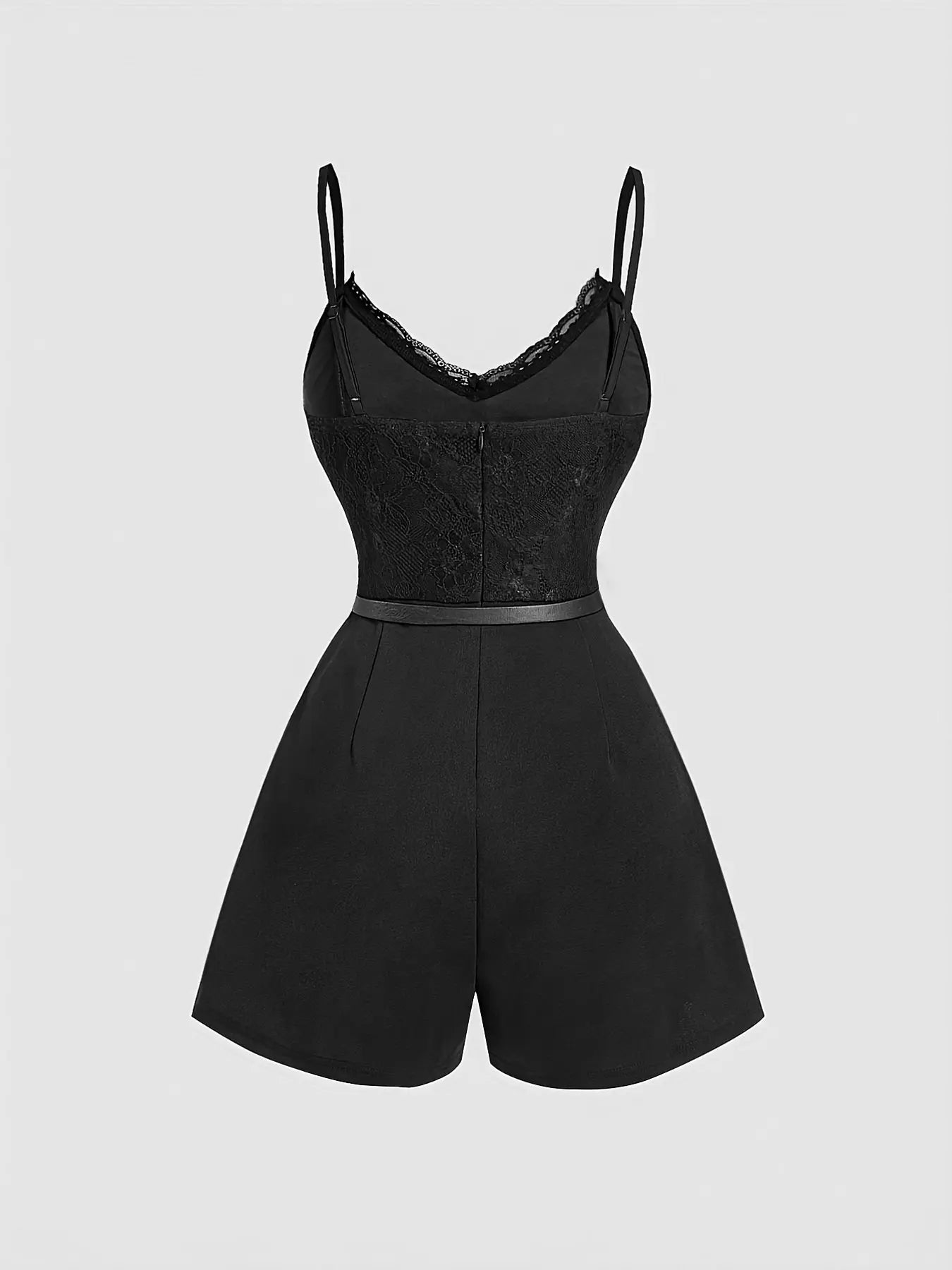 Women'S Spring Summer Elegant Lace-Spliced Cami Playsuit with Belt, V-Neck Sleeveless Fitted Jumpsuit for Casual Outings