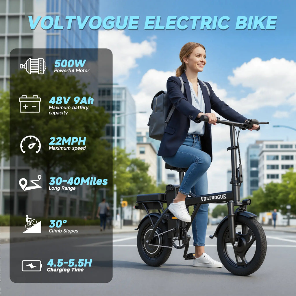 【VOLTVOGUE】 Electric Bike | 750W Peak Power | Top Speed 22 MPH | 14" Pneumatic Tires | 22–40 Mile Range | Dual Seat | Single Brake Lever | Height Adjustable Seat【Vt14】