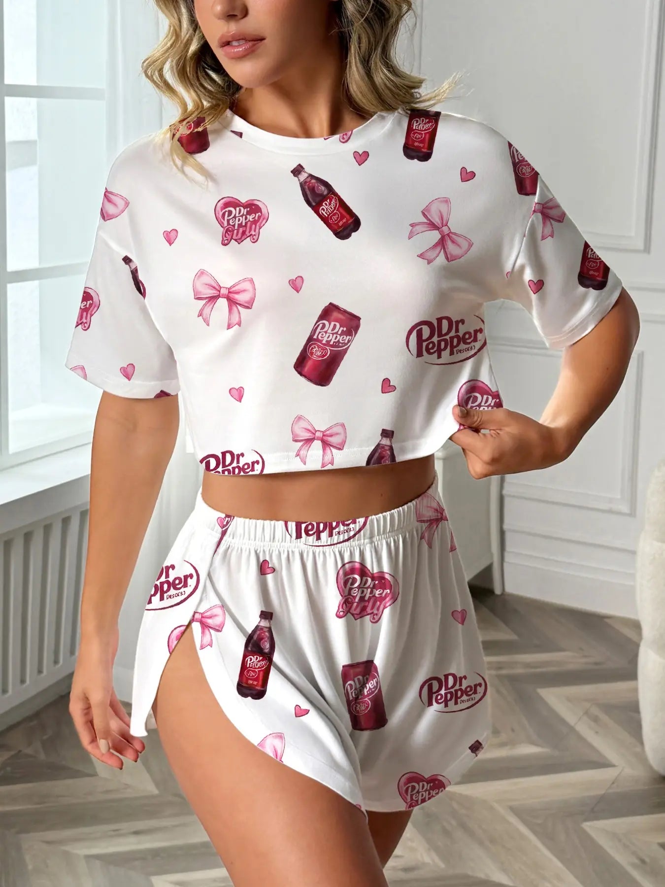 Women'S 2-Piece Sleepwear Set, Pajama Set, Pjs, Print, Bowknot Drink Pattern, Comfortable Loose Fit Top and Elastic Shorts, All-Season Casual Loungewear Homewear