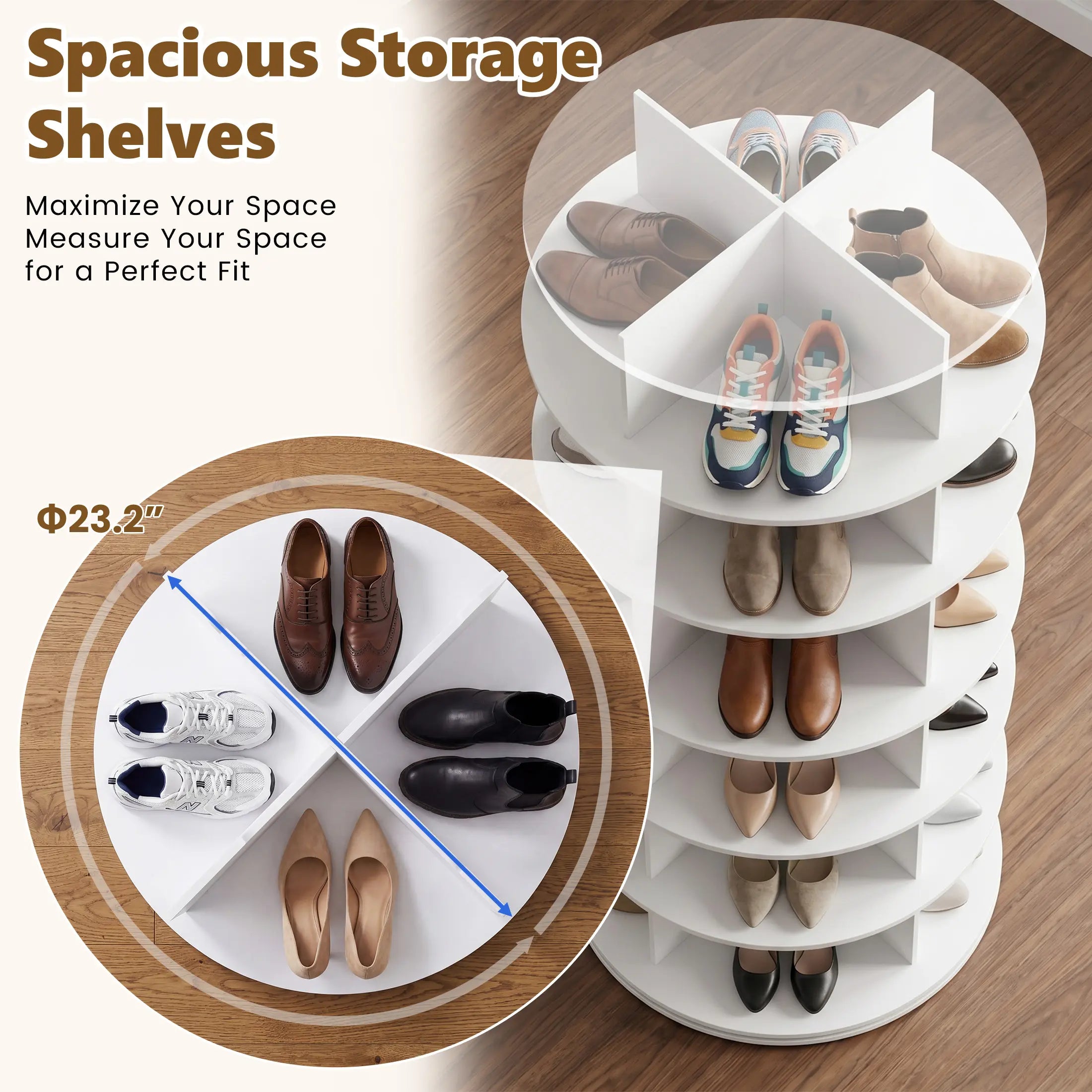 Sweetcrispy S - Rotating Shoe Rack Tower, Spinning Shoe Display Lazy Susan, Revolving 360 Shoe Rack Storage round Carousel, Vertical Handbag Rotate Shoes Closet Organization