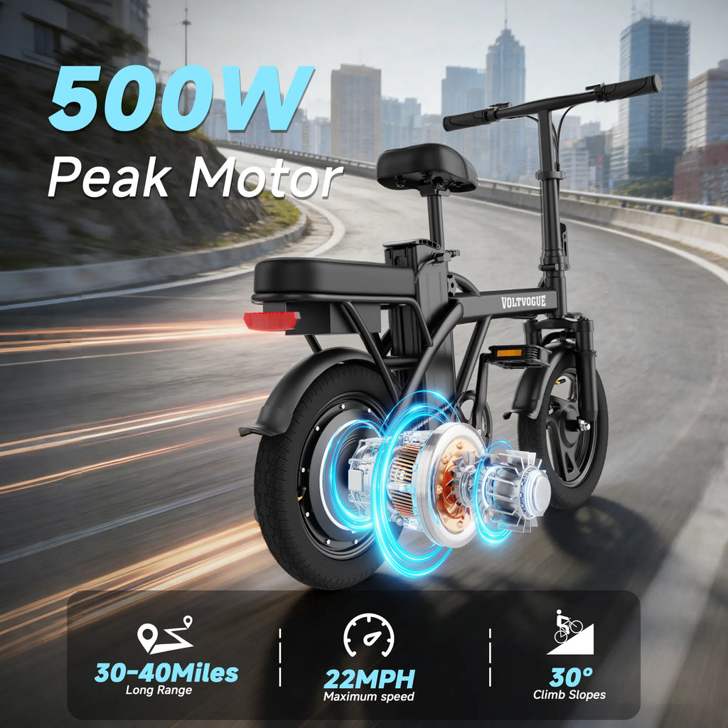 【VOLTVOGUE】 Electric Bike | 750W Peak Power | Top Speed 22 MPH | 14" Pneumatic Tires | 22–40 Mile Range | Dual Seat | Single Brake Lever | Height Adjustable Seat【Vt14】
