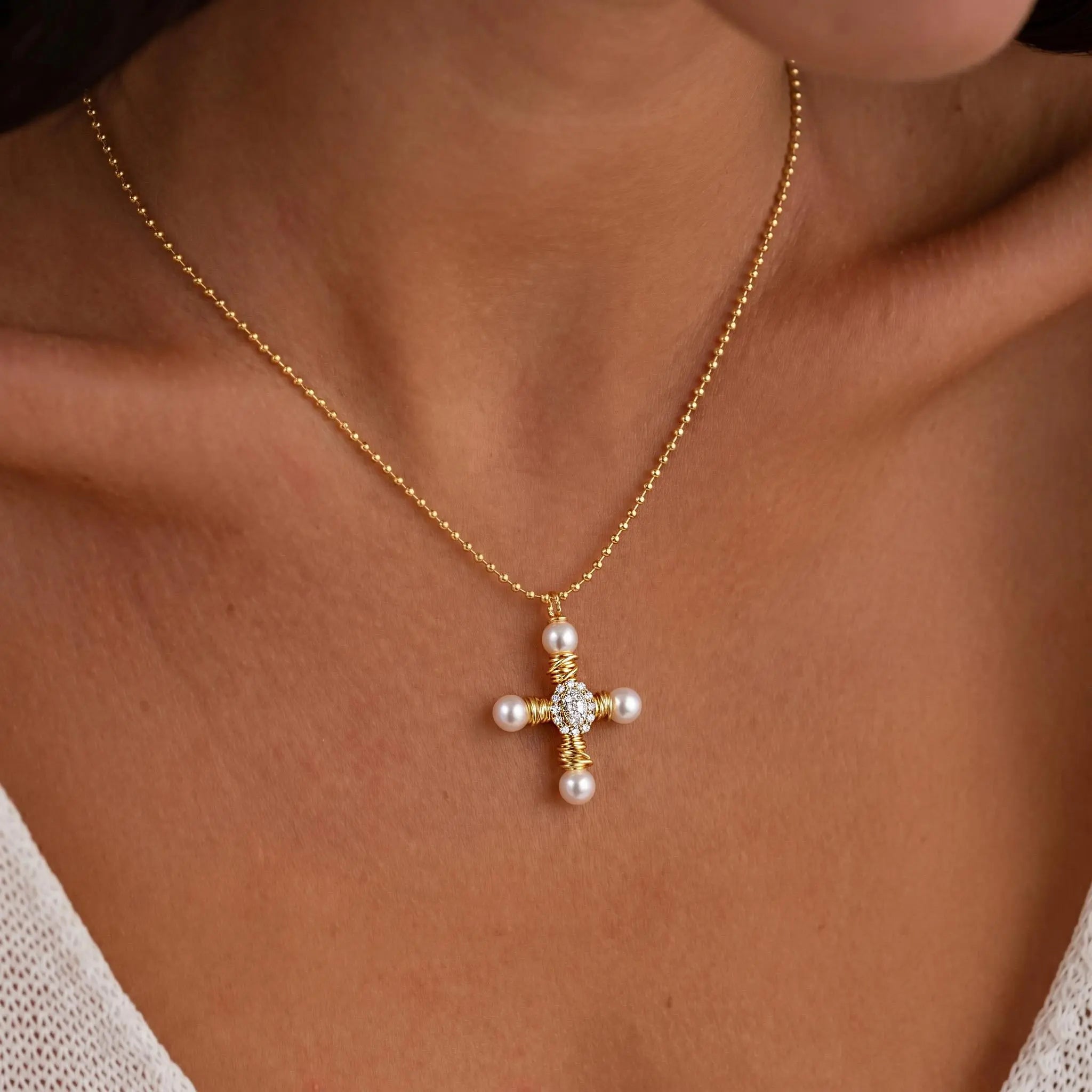 Tewiky 14K Gold Plated Beaded & Twisted Chain Pearl Cubic Zirconia Cross Necklace with Floral Carved Petal Cross Design, Fashion Jewelry for Women, Daily Casual Elegant Necklace for All Occasions Summerwins