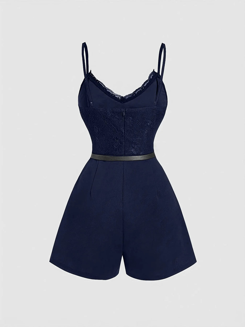 Women'S Spring Summer Elegant Lace-Spliced Cami Playsuit with Belt, V-Neck Sleeveless Fitted Jumpsuit for Casual Outings