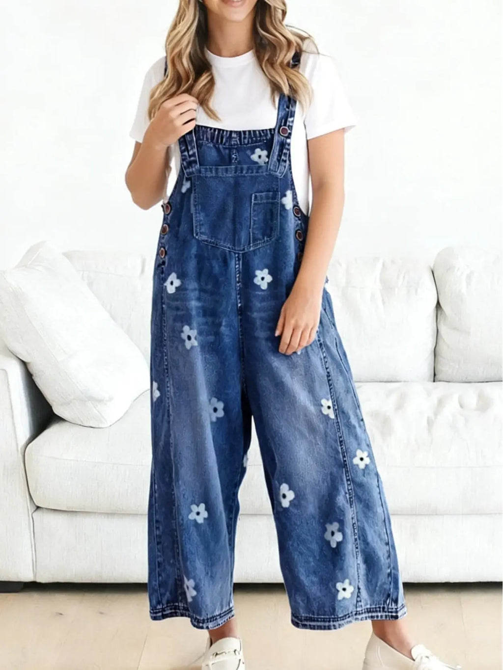 Utcoco Women'S Bib Overalls, Cute Floral Print Denim Jumpsuit with Baggy Wide Leg and Adjustable Straps, Fashion Apparel Chic Pants