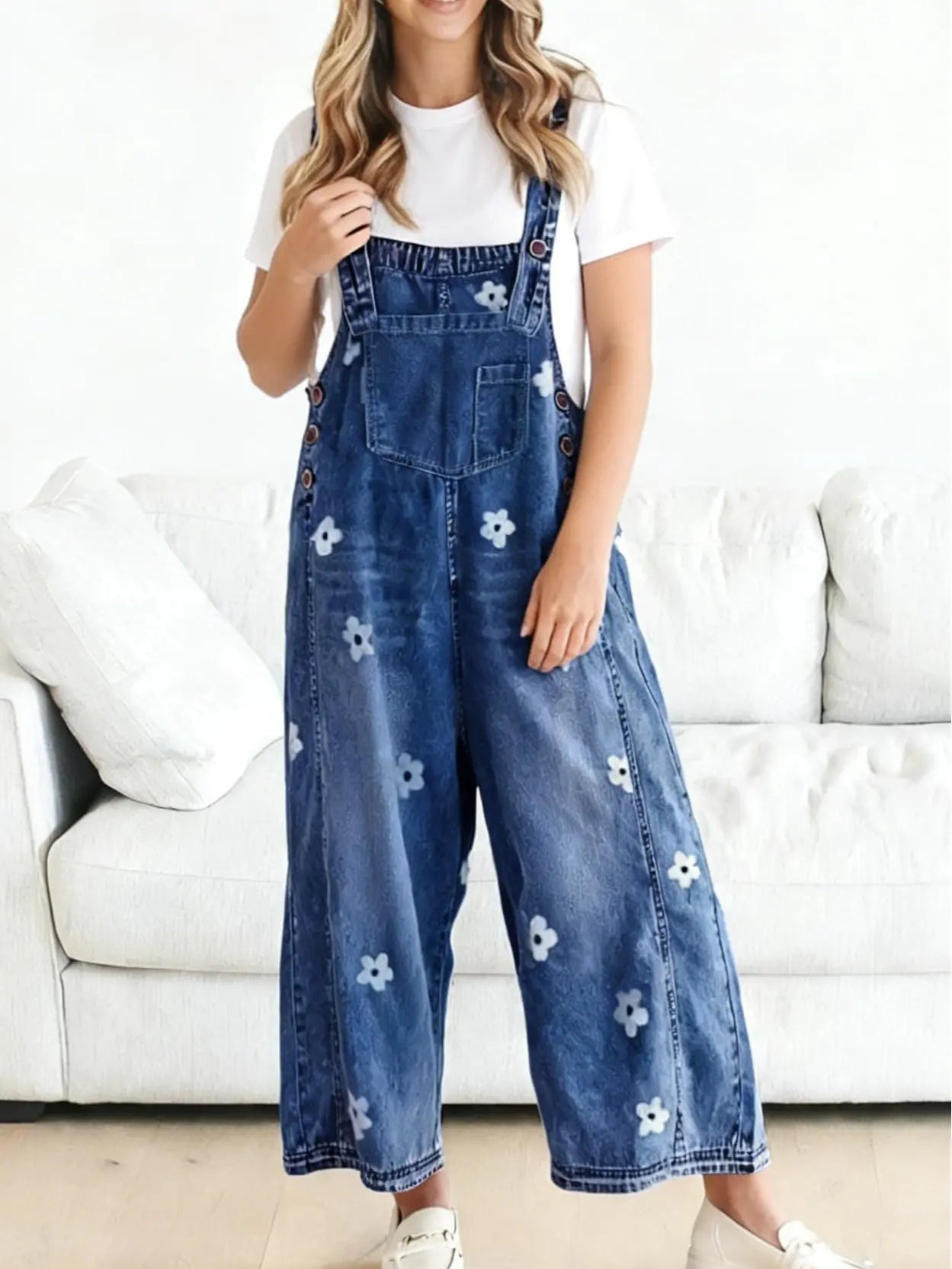 Utcoco Women'S Bib Overalls, Cute Floral Print Denim Jumpsuit with Baggy Wide Leg and Adjustable Straps, Fashion Apparel Chic Pants